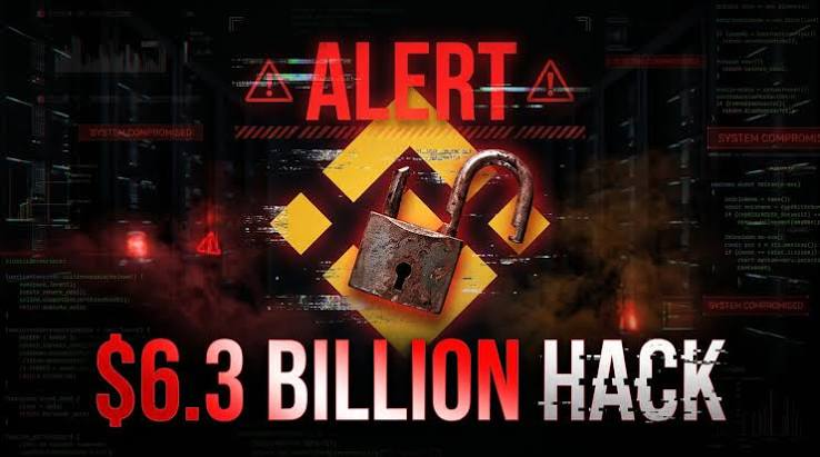 Binance logo with an open padlock under an alert banner reading $6.3 billion hack